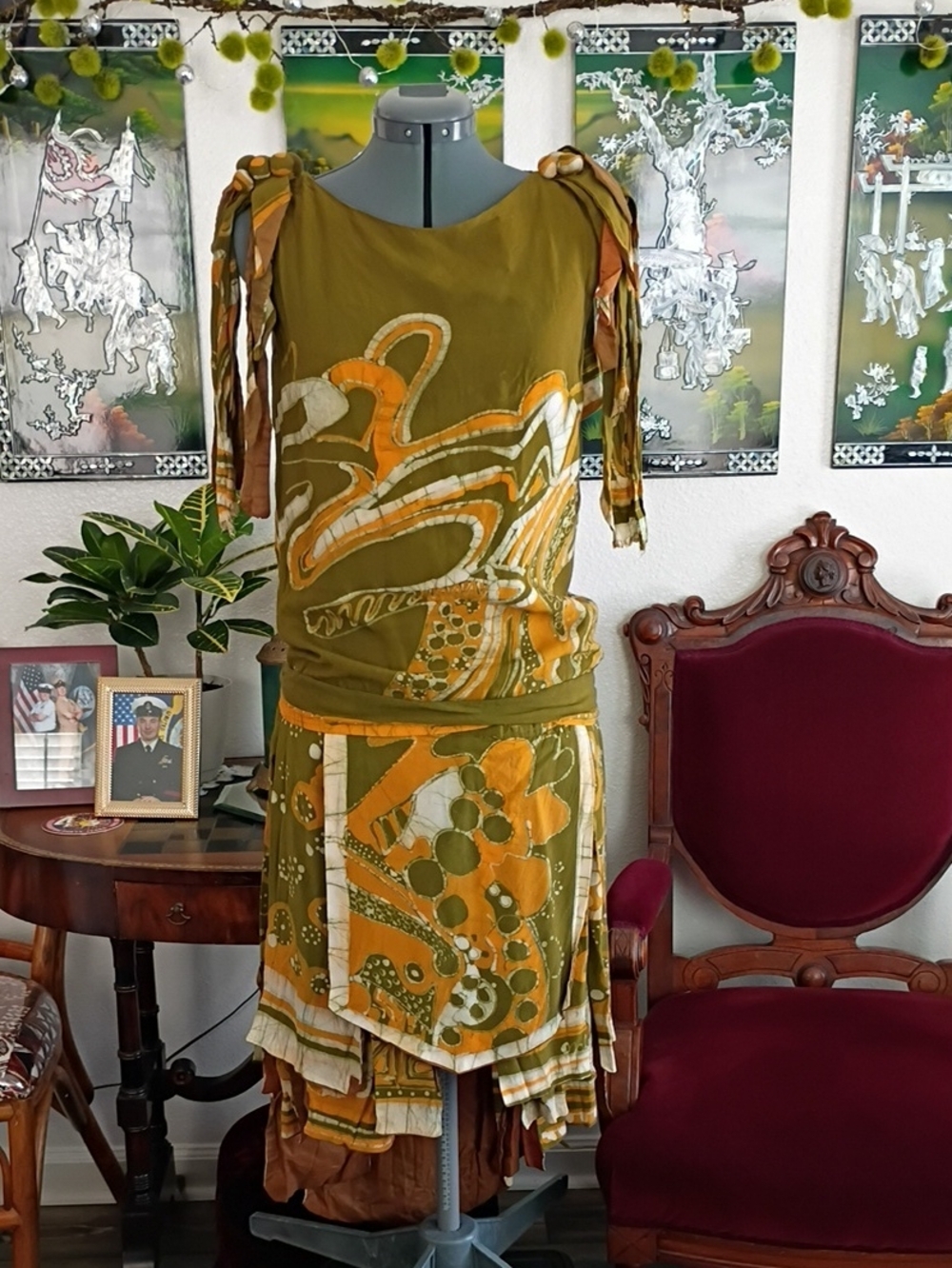 Vintage 1920s Drop Waist Flapper Dress Green Orange And White Size Small